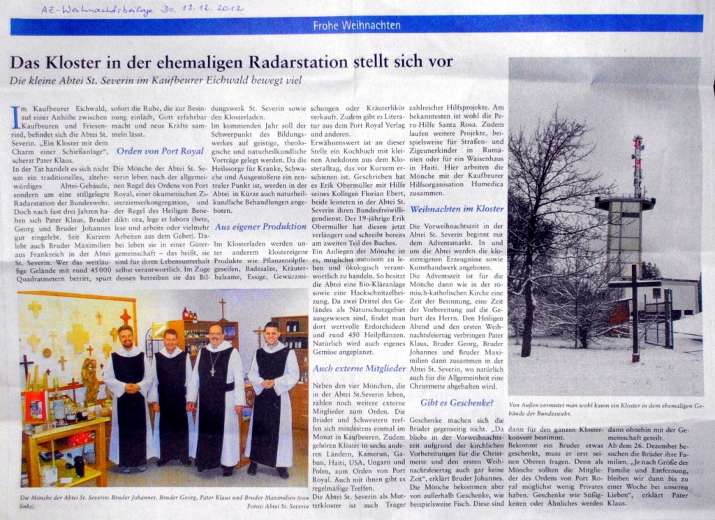 Artikel in der Weihnachtsbeilage der Allgäuer Zeitung am 13.12.2012 über das Kloster St. Severin